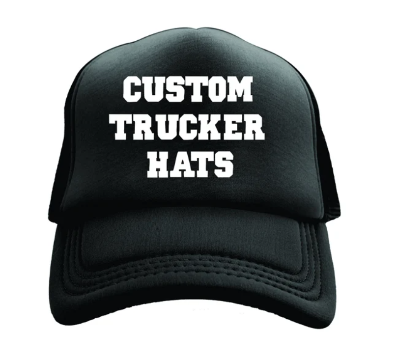 Black custom trucker hat with personalized text option