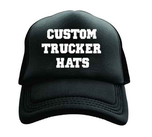 Black custom trucker hat with personalized text option