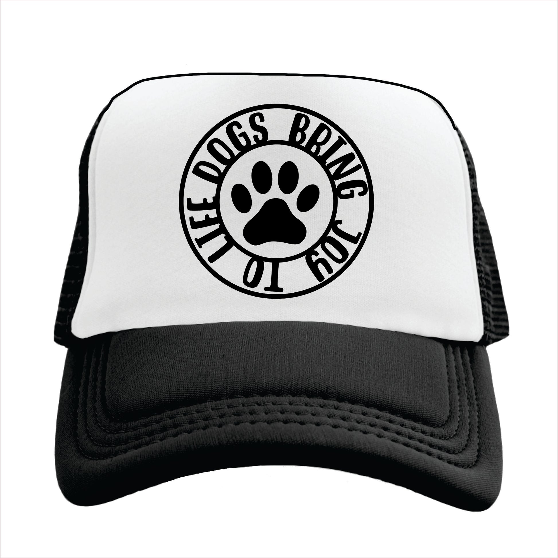 Black and white trucker hat cap with a design that includes a paw print and the phrase 'Dogs bring joy to life'.