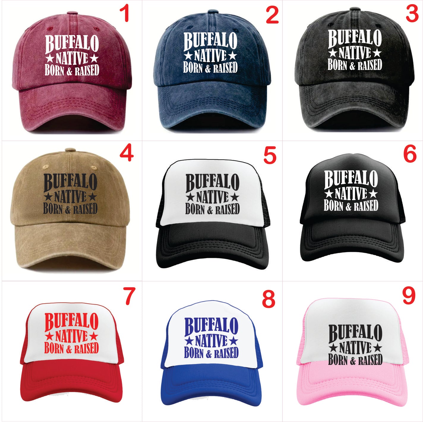 Nine baseball caps with 'Buffalo Native Born & Raised' text in various colors on a white background.