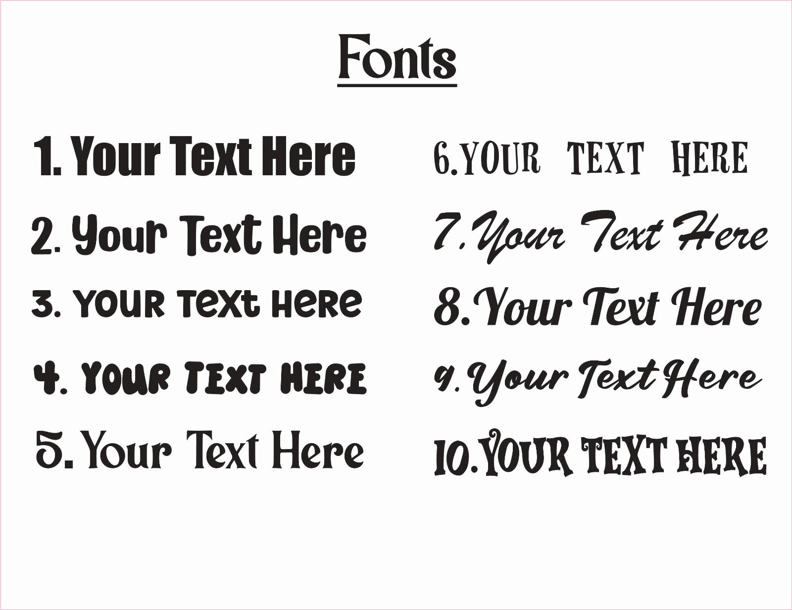 ten Font styles available for custom text on  hats