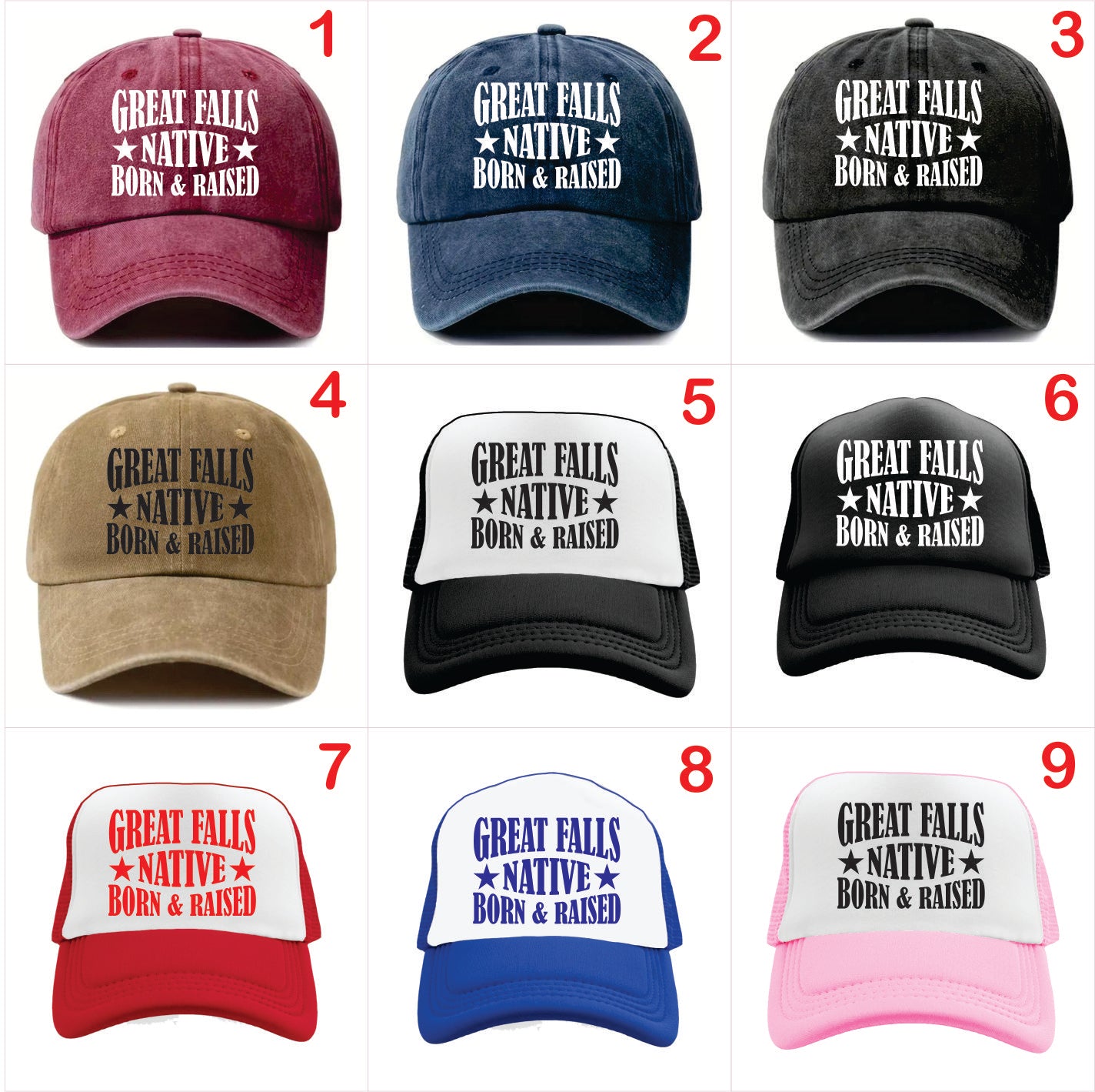 Nine baseball caps with 'Great Falls Native Born & Raised' text in various colors and styles.