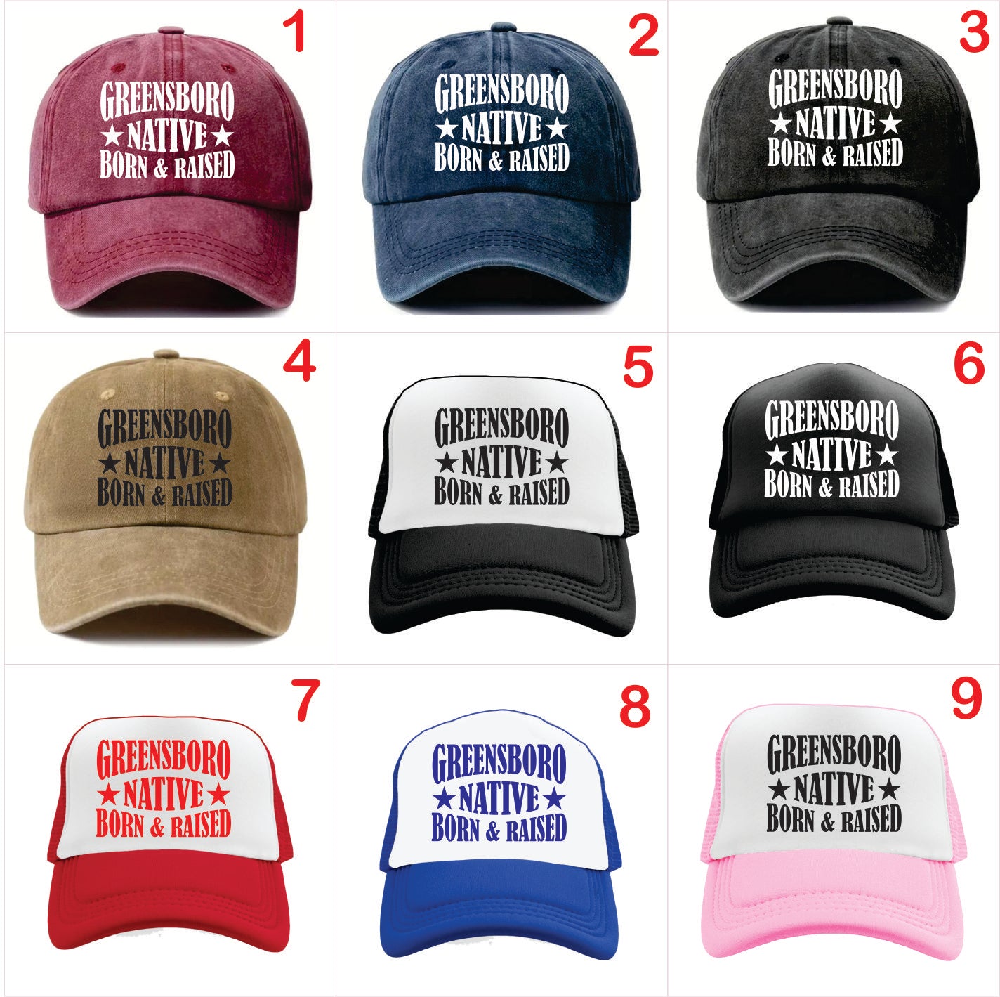 Nine baseball caps with 'Greensboro Native Born & Raised' text in various colors and styles.