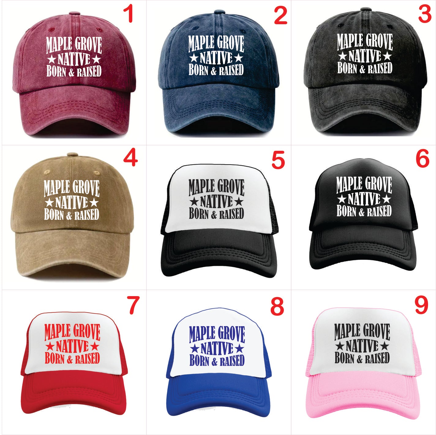 Nine baseball caps with 'Maple Grove Native Born & Raised' text in various colors on a white background.