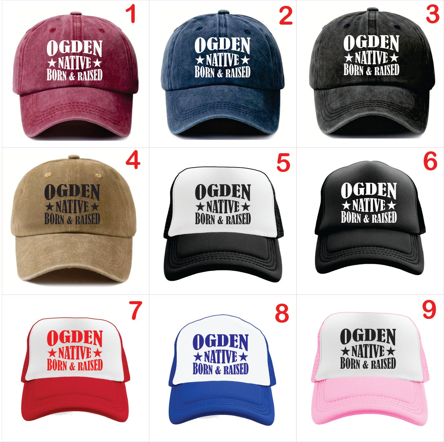 Nine baseball caps with 'Ogden Native Born & Raised' text in various colors on a white background.
