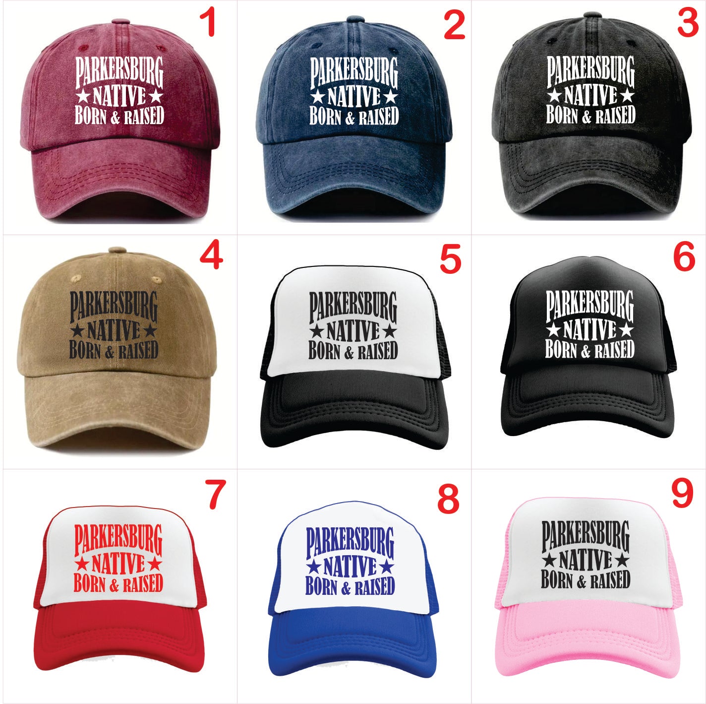 Nine baseball caps with 'Parkersburg Native Born & Raised' text in various colors on a white background.