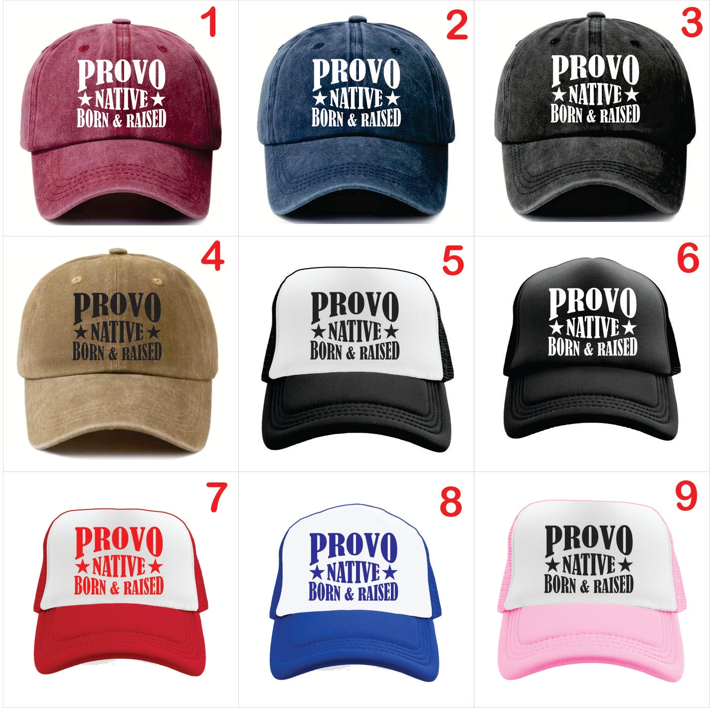 Nine baseball caps with 'Provo Native Born & Raised' text in various colors on a white background.