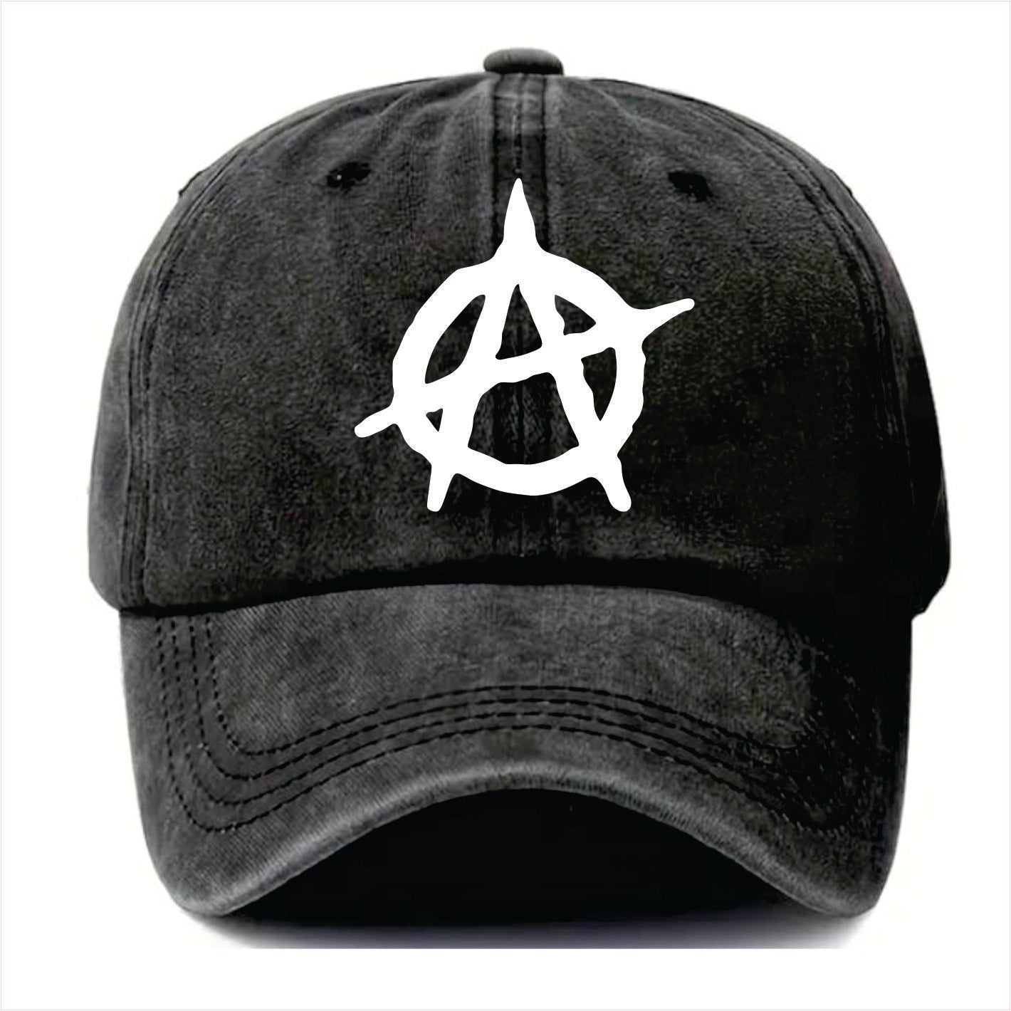 Black cap with a white symbol on a white background