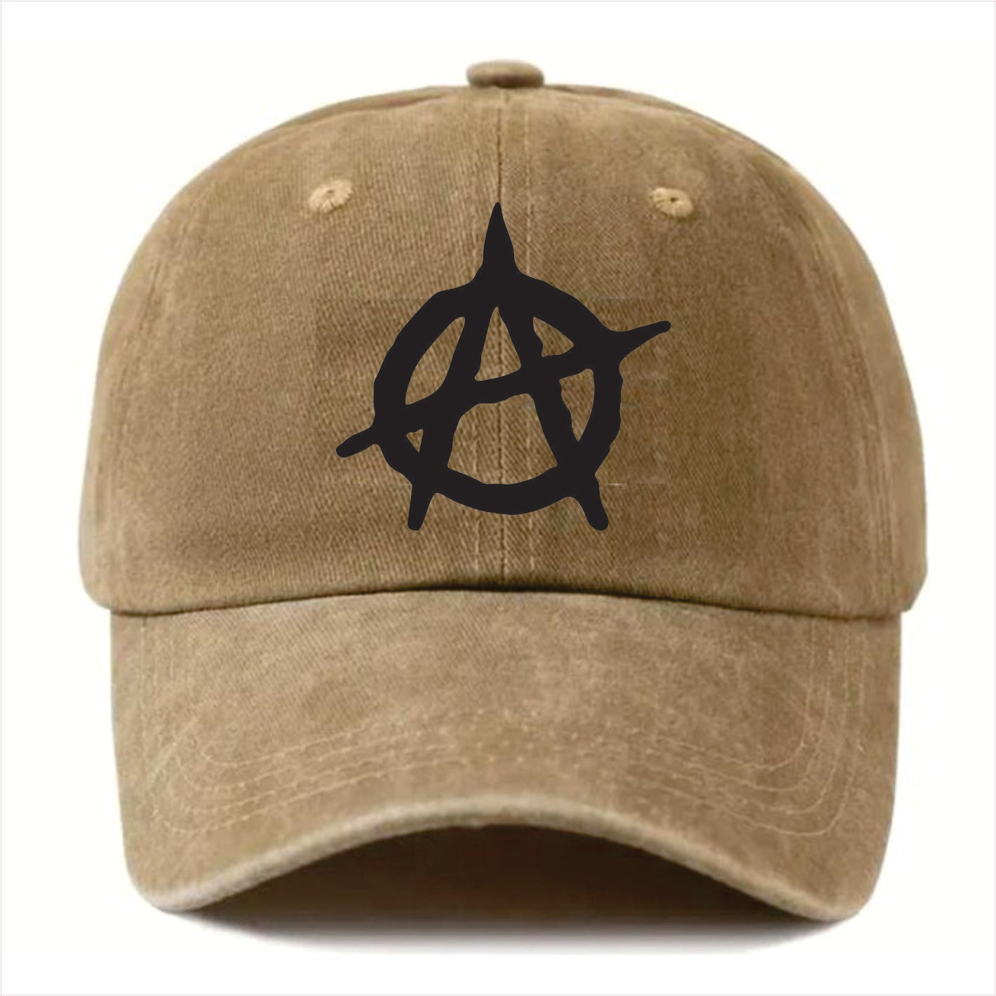 khaki cap with black symbol on a white background