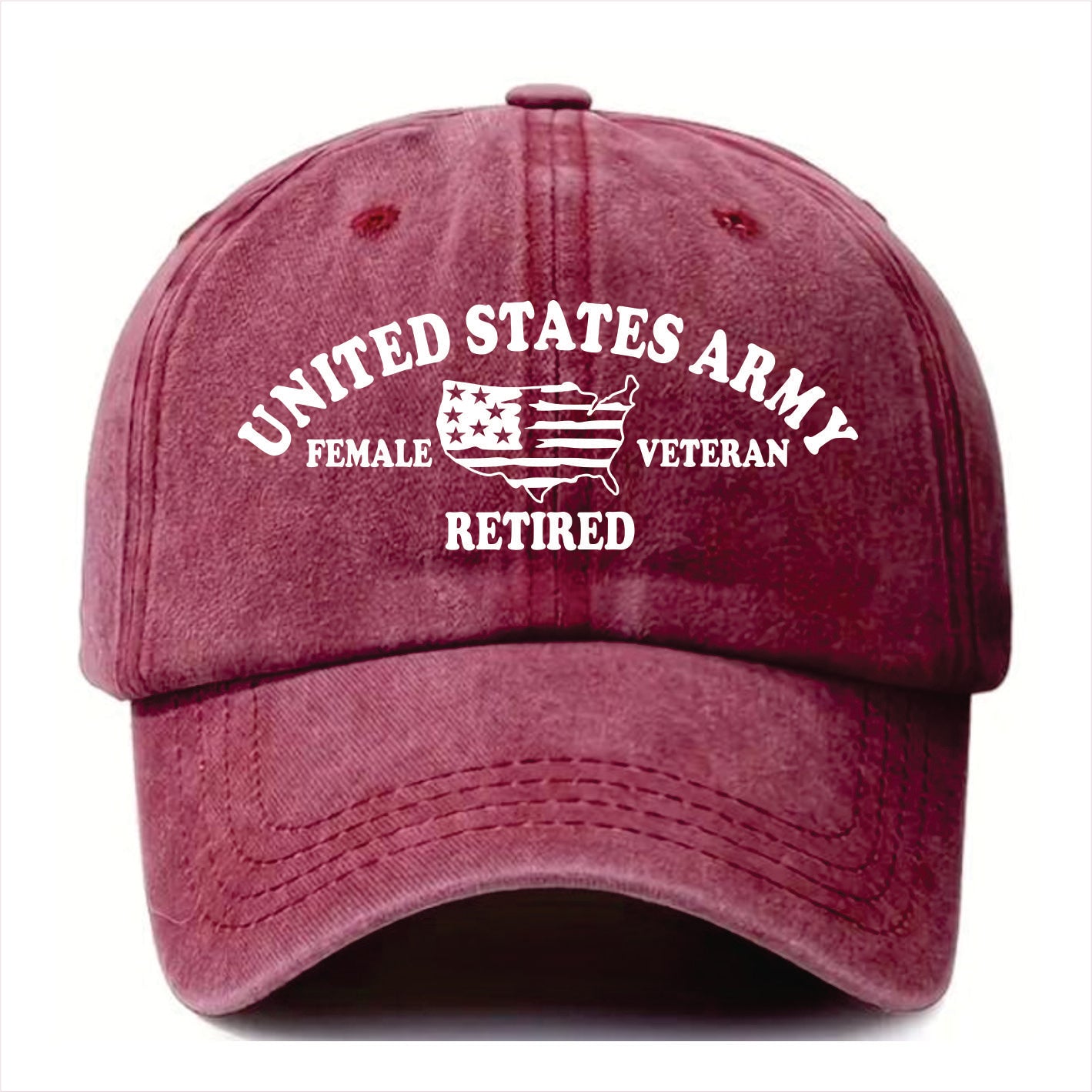 Burgundy cap with 'United States Army Female Veteran Retired' text and flag design on a white background