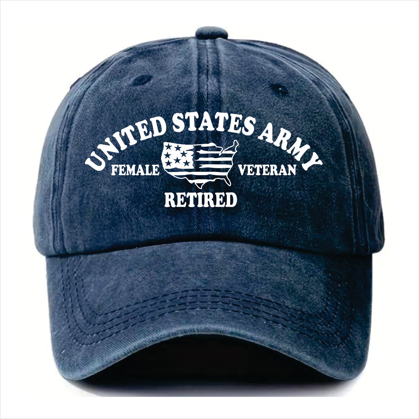 Blue cap with 'United States Army Female Veteran Retired' text on a white background