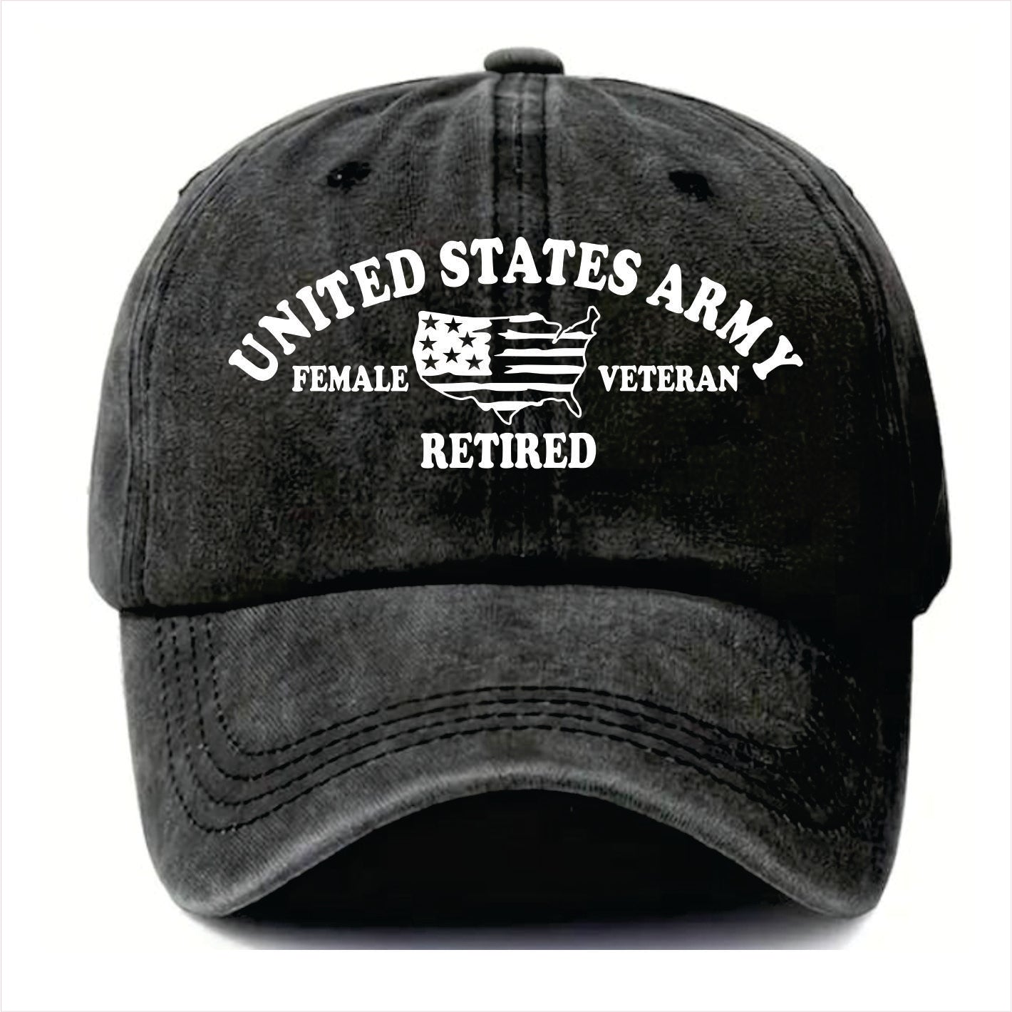 Black cap with 'United States Army Female Veteran Retired' text on a white background