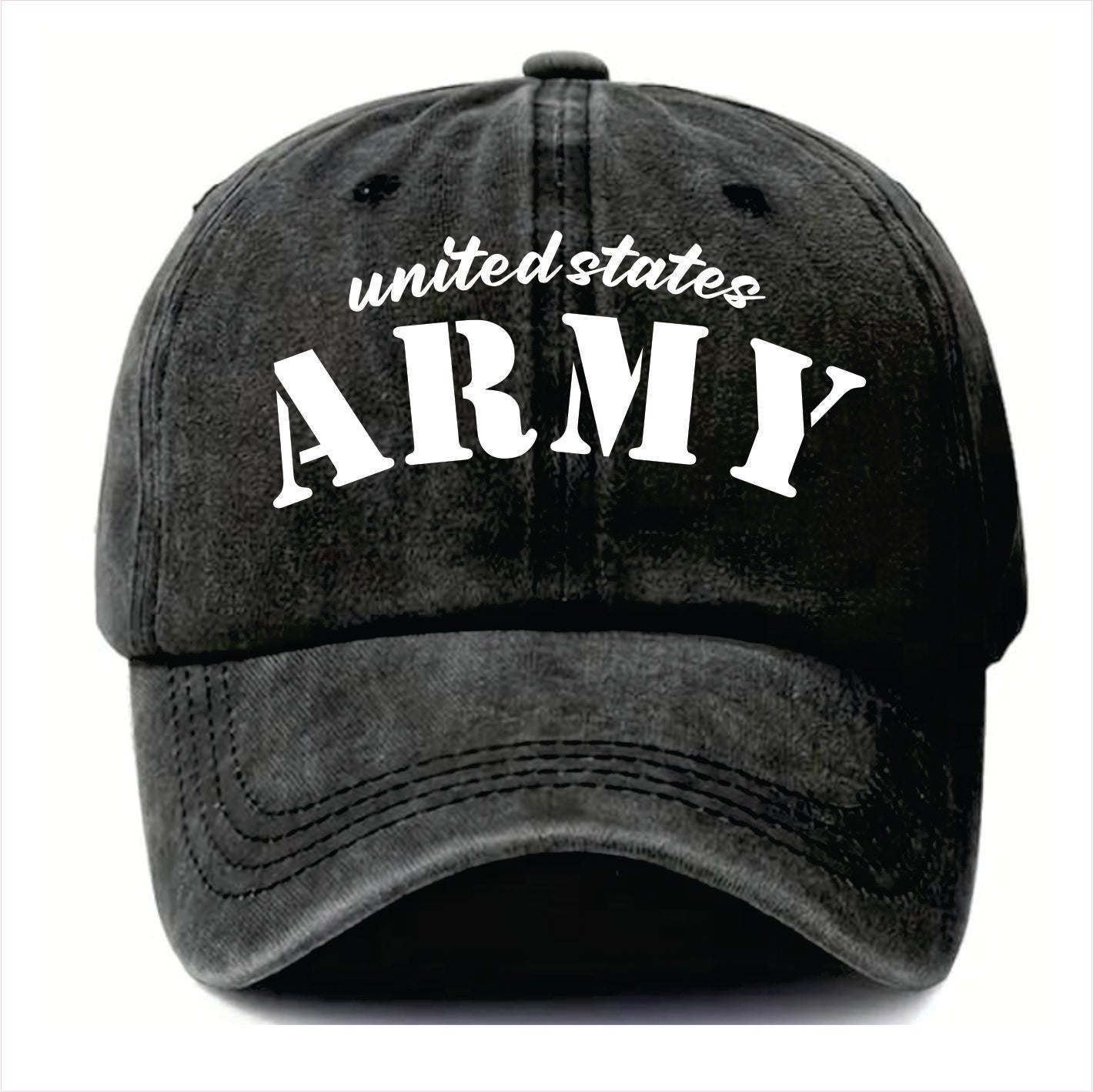 Black cap with 'United States Army' text on a white background