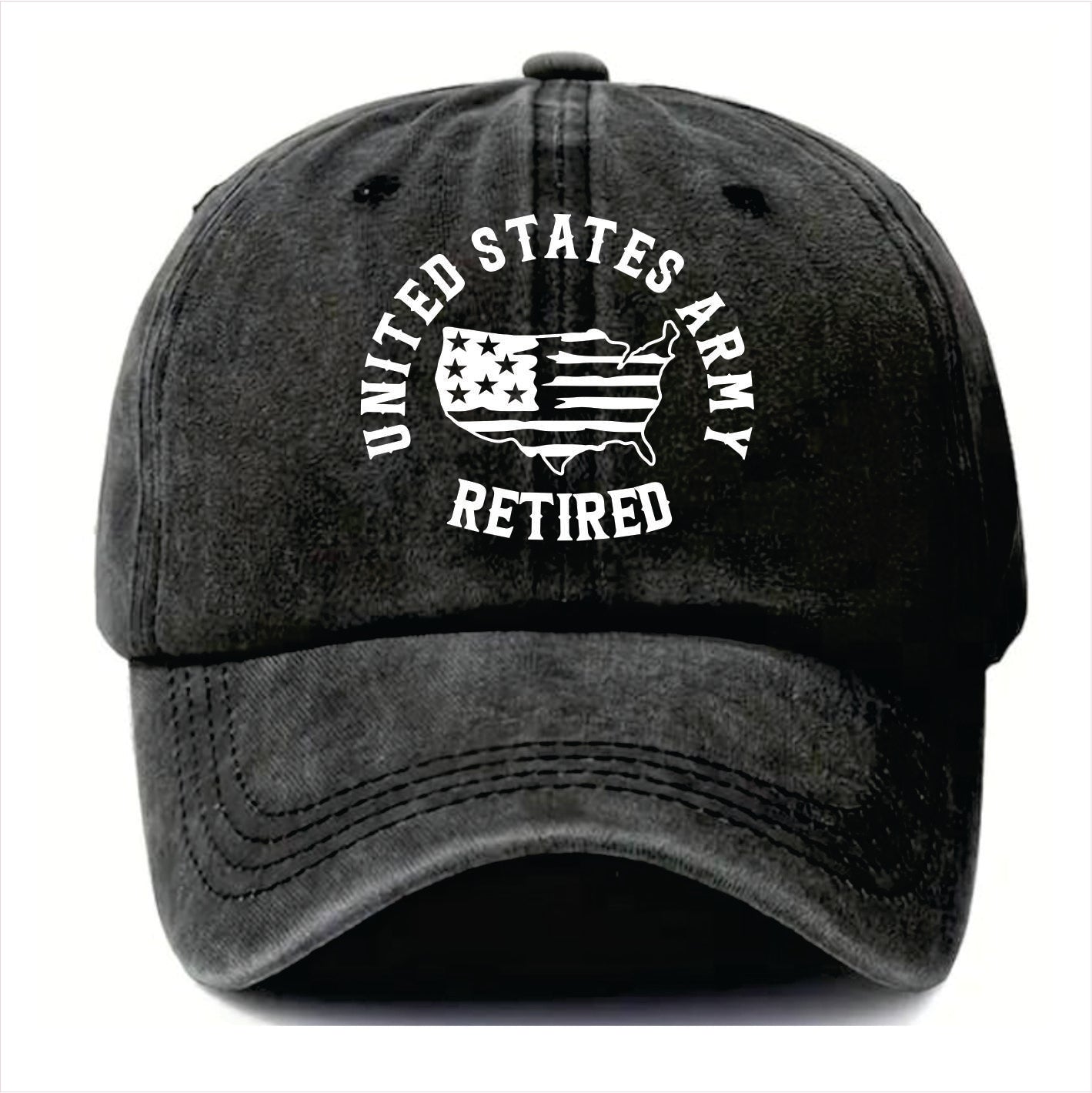 Black cap with 'United States Army Retired' text and flag design on a white background