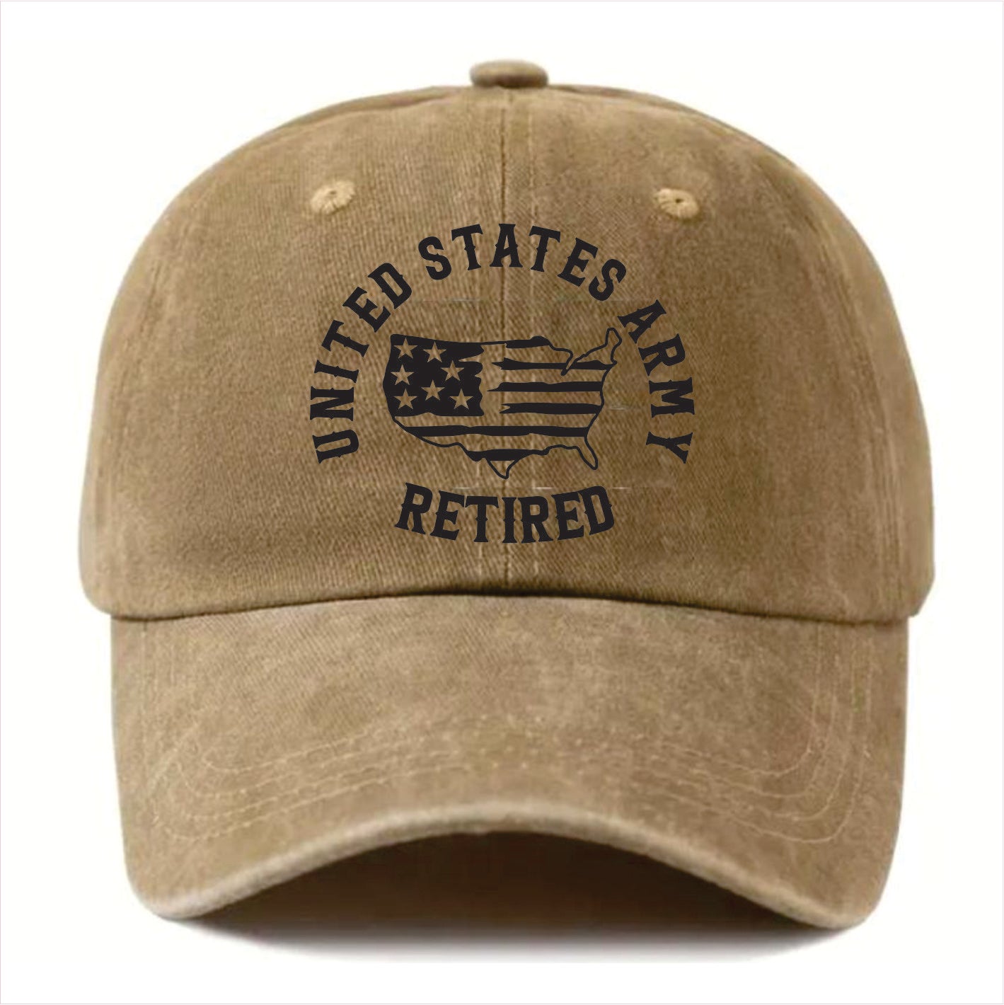 Khaki cap with 'United States Army Retired' text and flag design on a white background