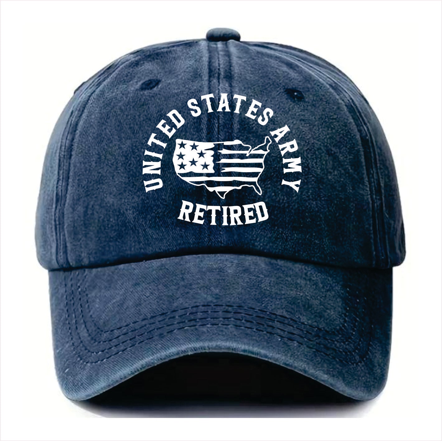 Blue cap with 'United States Army Retired' text and logo on a white background