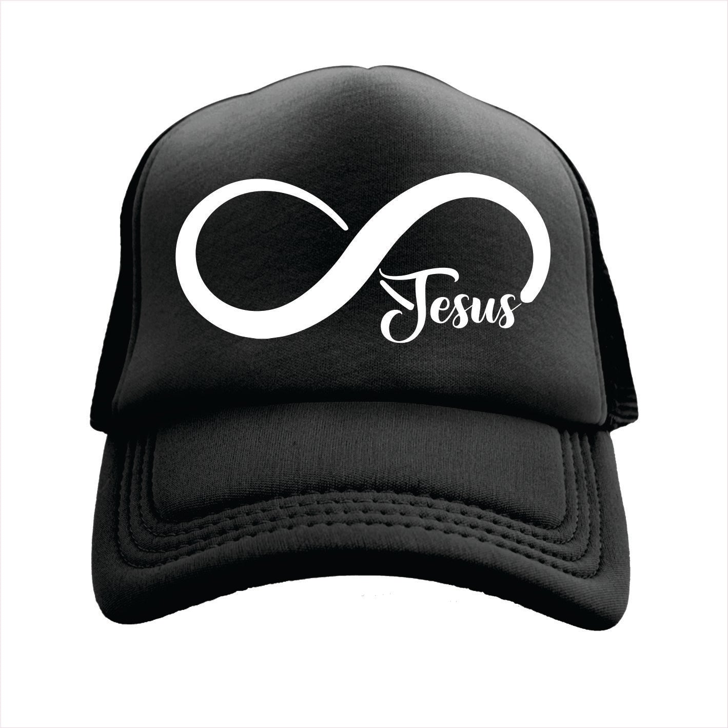 Black trucker hat cap with white infinity symbol and 'Jesus' text on a white background