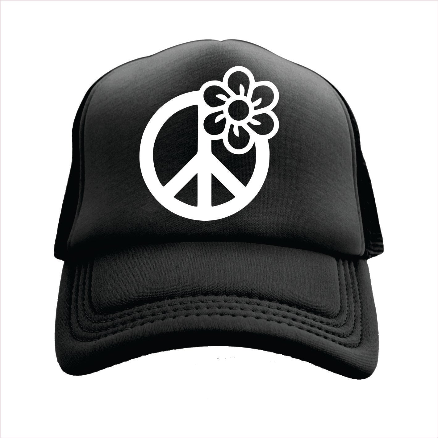 Black trucker hat cap with peace symbol and flower design on a white background