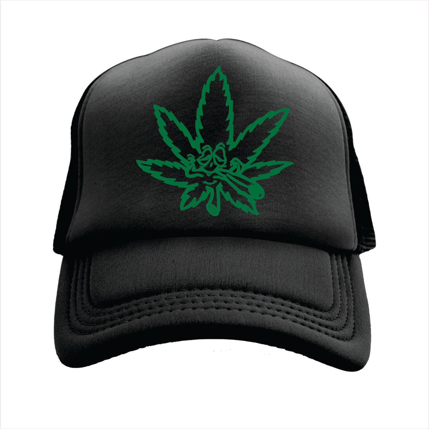Black trucker hat cap with green cannabis leaf design on a white background