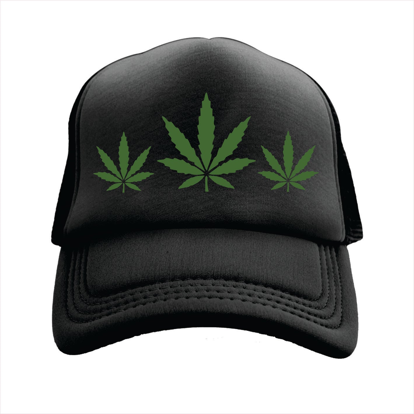 Black trucker hat cap with green cannabis leaves on a white background