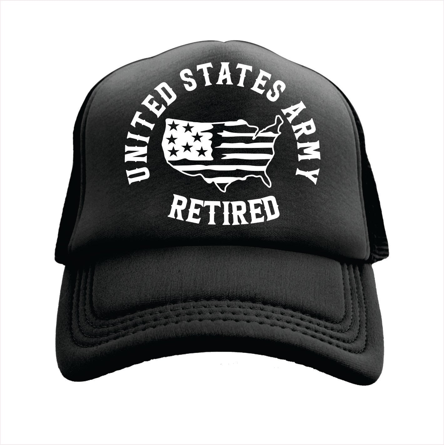 Black trucker hat cap with 'United States Army Retired' text and American flag design on a white background