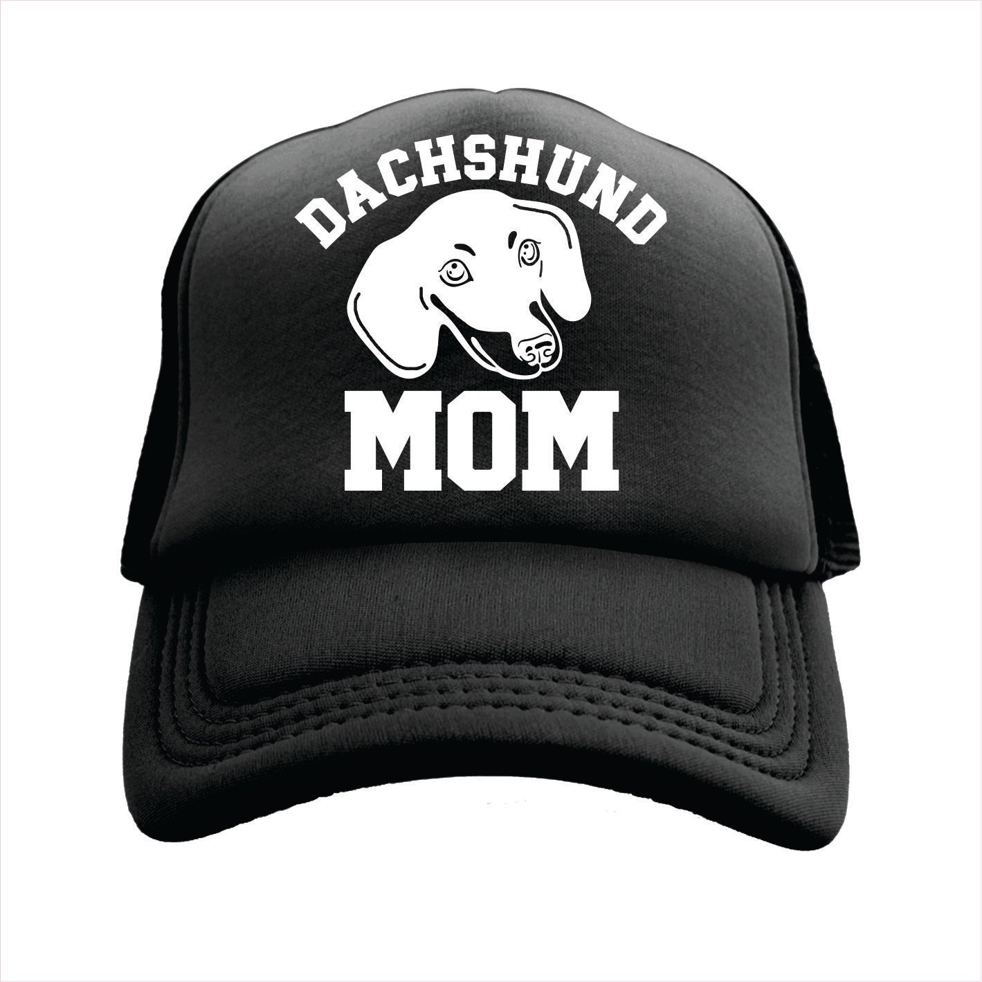 Black trucker hat cap with 'Dachshund Mom' text and dachshund graphic on a white background