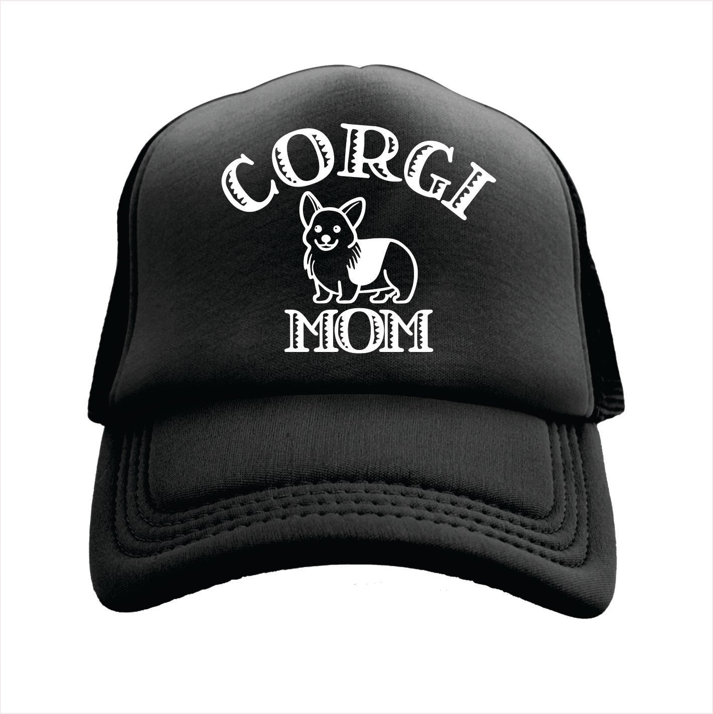 Black trucker hat cap with 'CORGI MOM' text and a silhouette of a corgi dog on the front.
