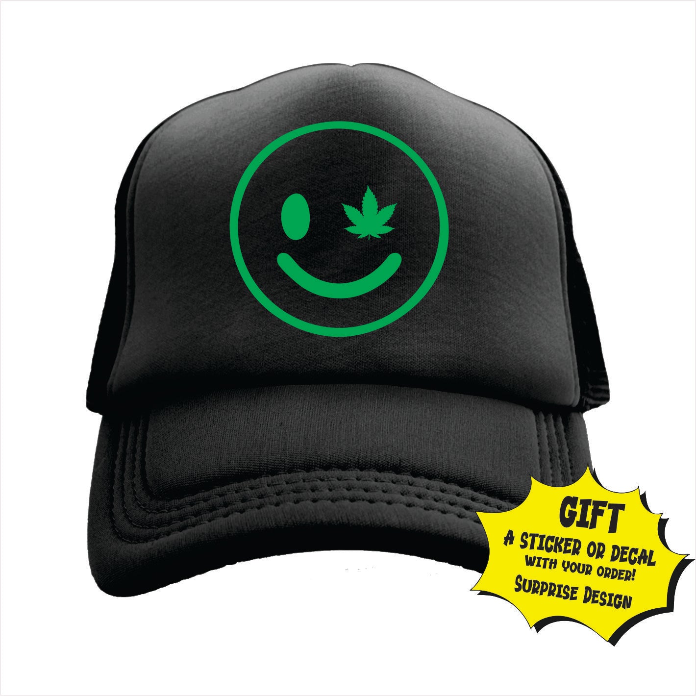 Black trucker hat cap with a green smiley face and a cannabis leaf design on the front.