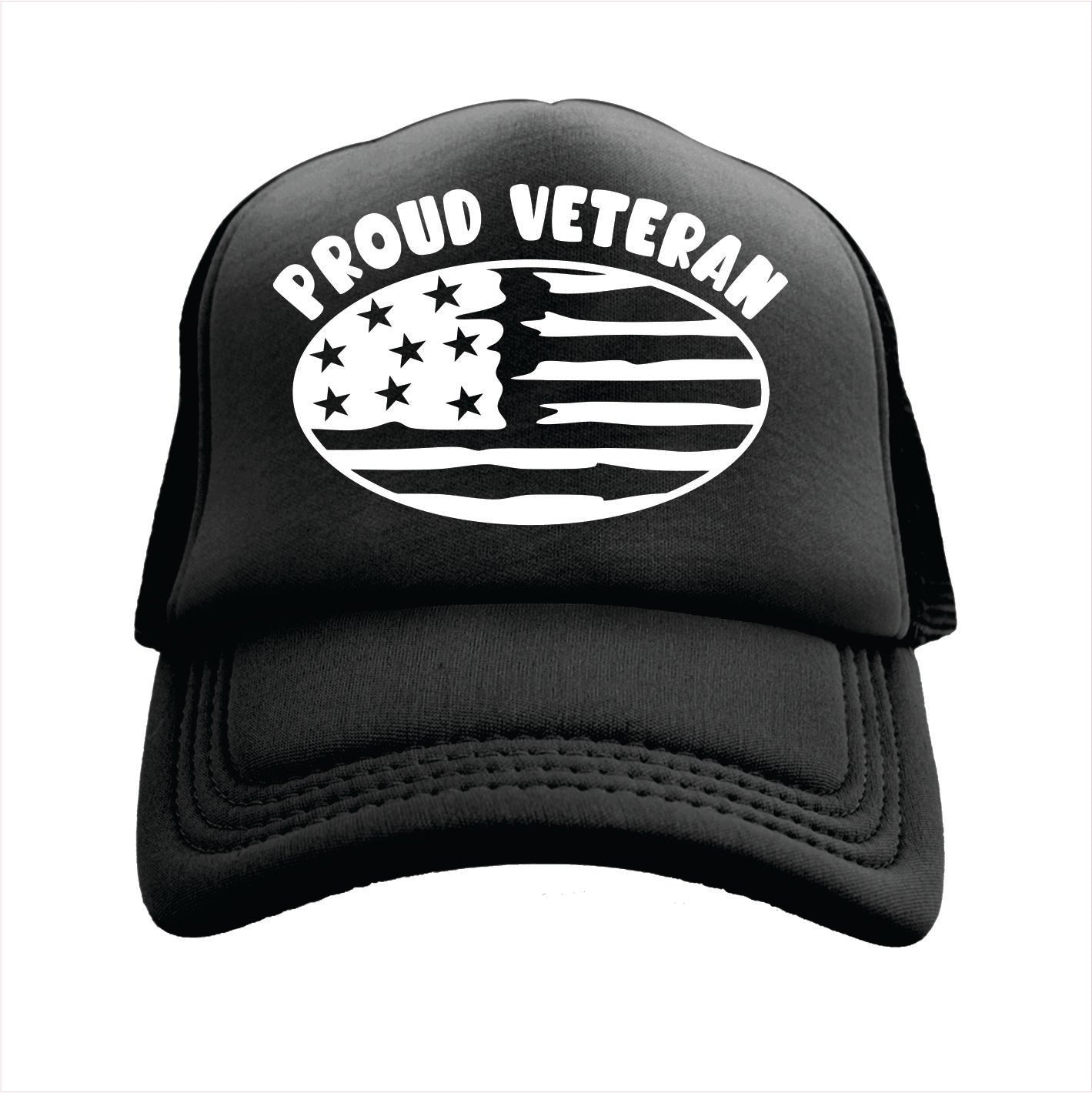 Black trucker hat cap with 'Proud Veteran' and American flag design on a white background