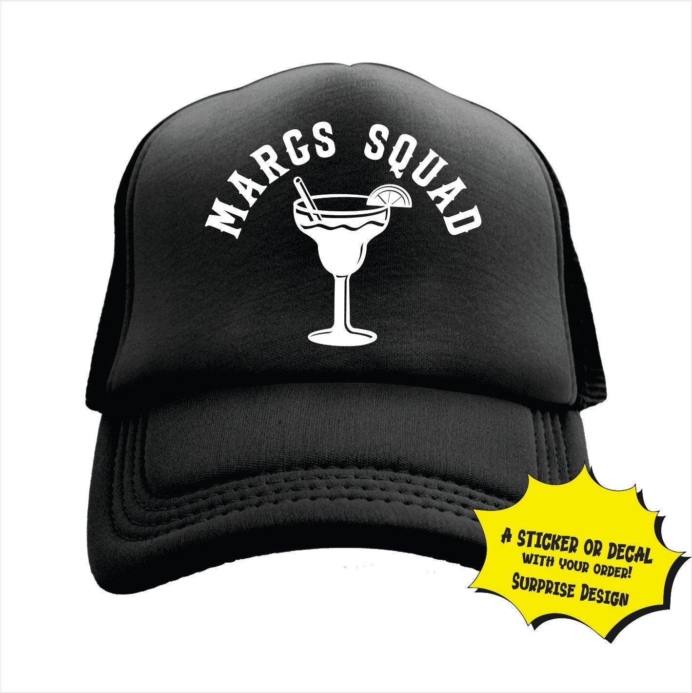 Black trucker hat cap with 'Margs Squad' text and margarita graphic.