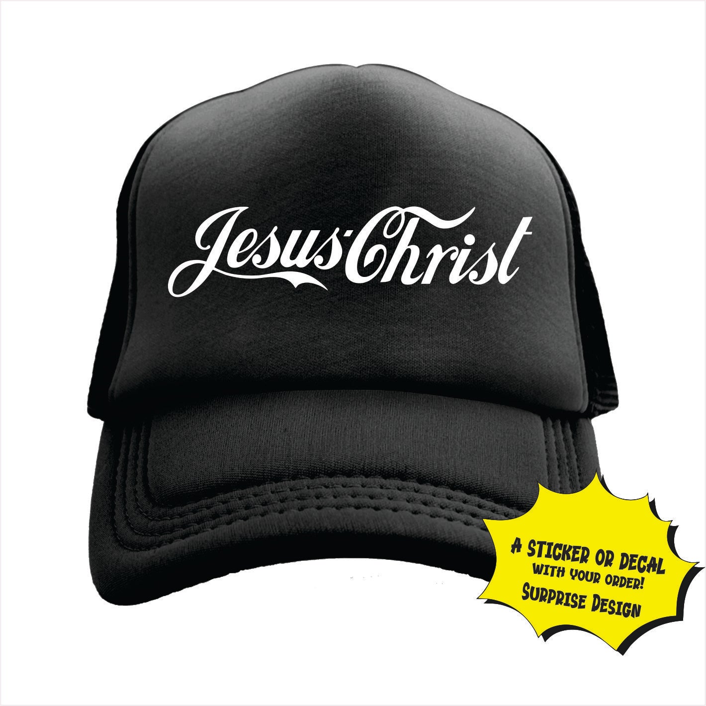 Black trucker hat with 'Jesus Christ' text on the front