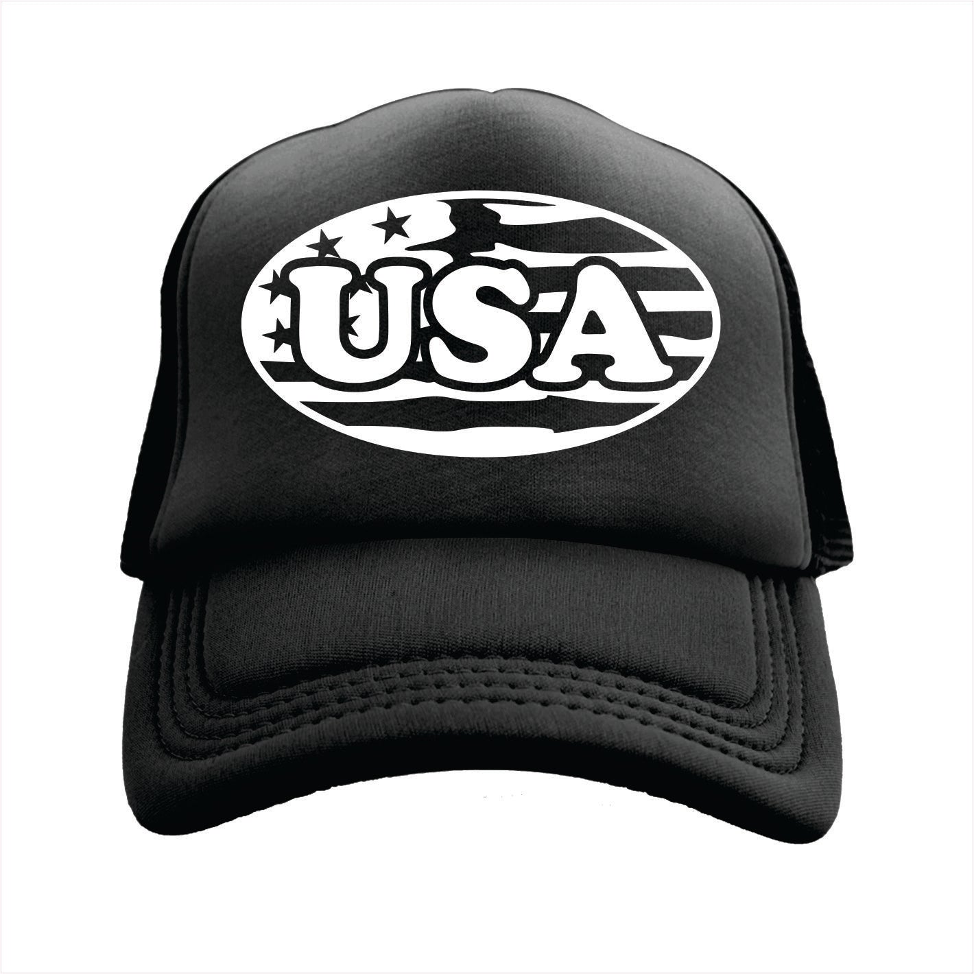 Black trucker hat cap with 'USA' logo on a white background