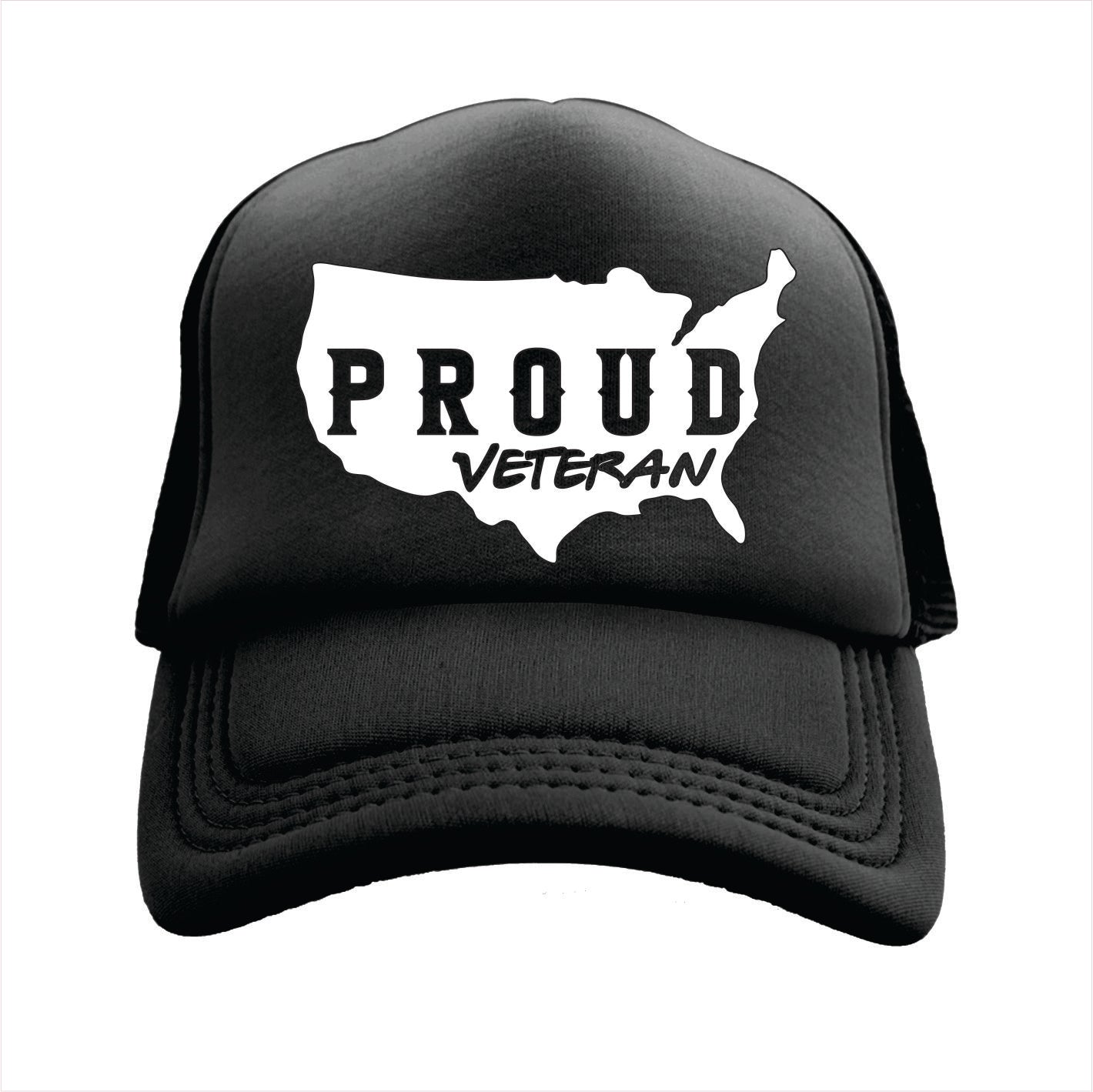 Black trucker hat cap with 'Proud Veteran' design on a white background