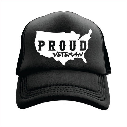 Black trucker hat cap with 'Proud Veteran' design on a white background
