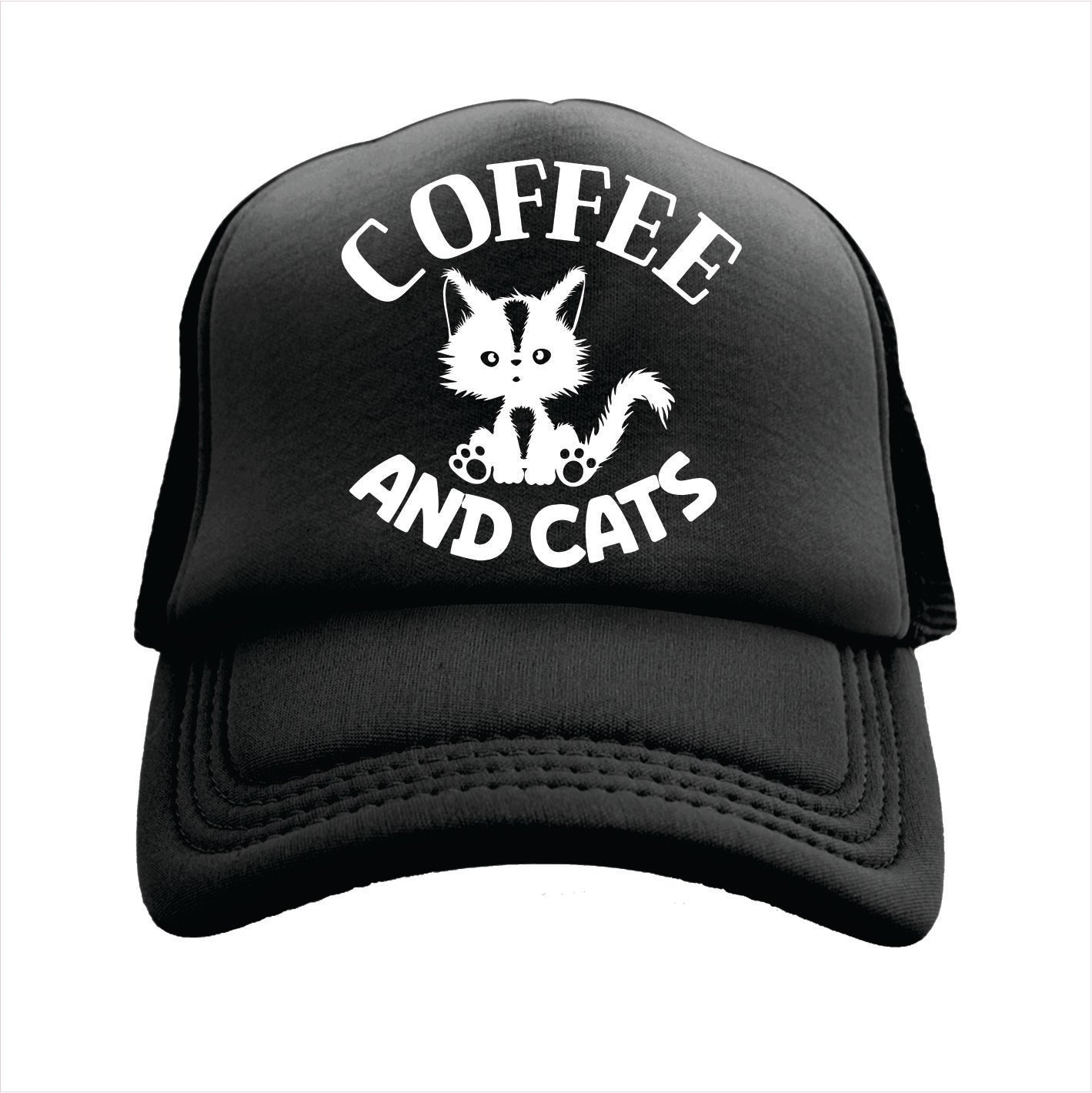 Black trucker hat cap with white text 'Coffee and Cats' and a cat illustration on a white background