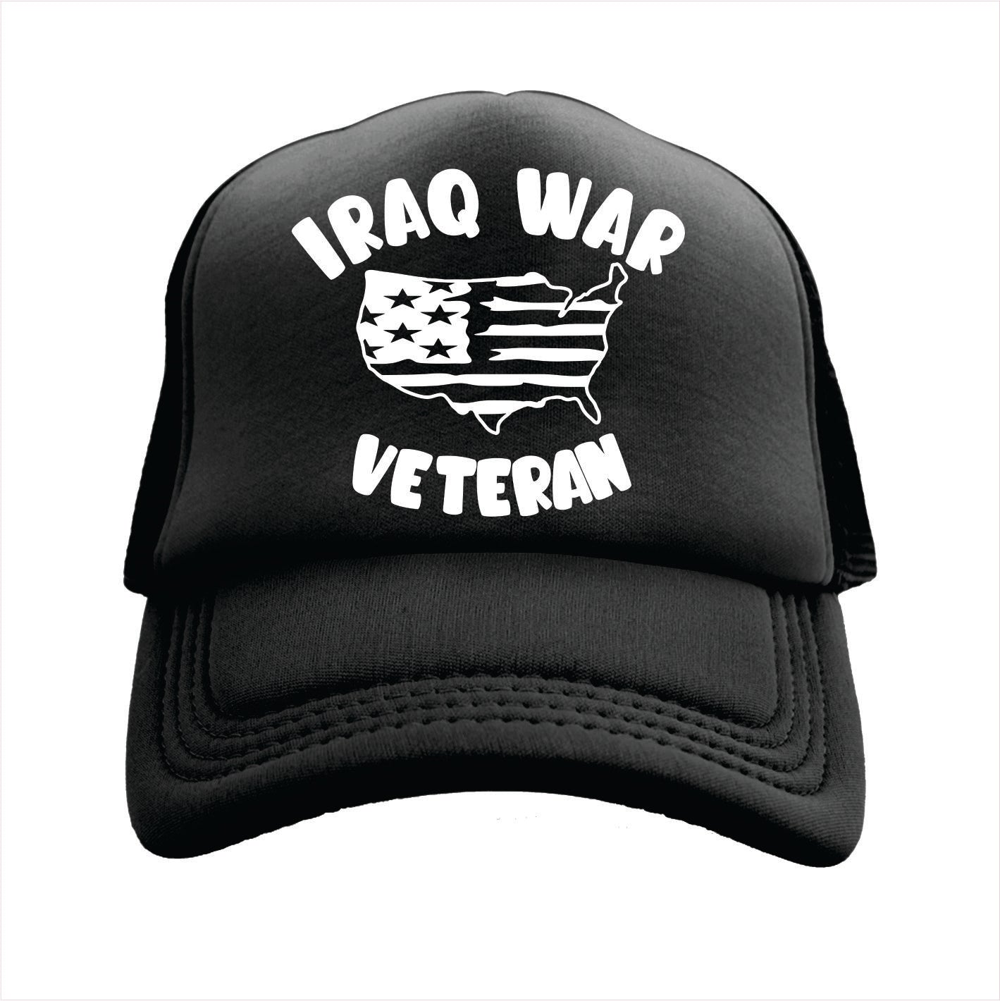 Black cap with 'Iraq War Veteran' text and map design on a white background