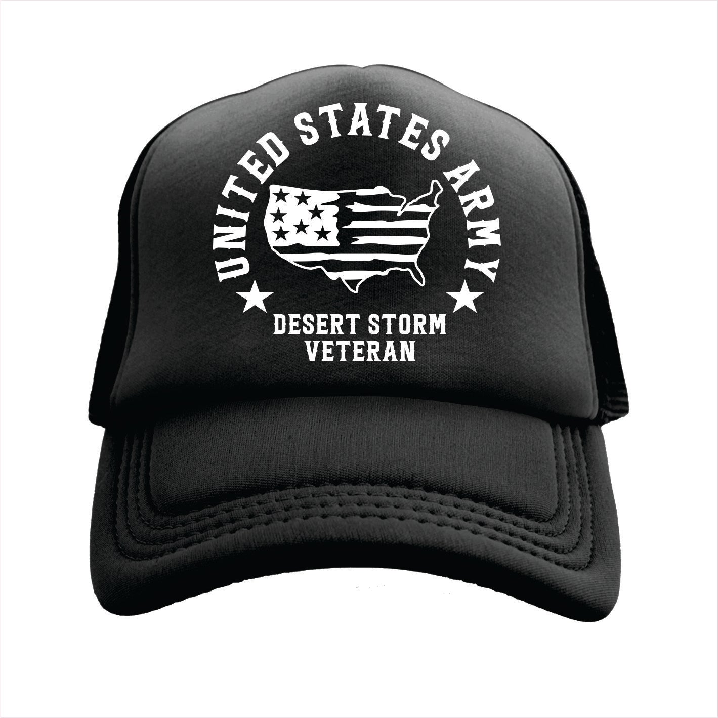 Black trucker hat cap with 'United States Army Desert Storm Veteran' text and design on a white background
