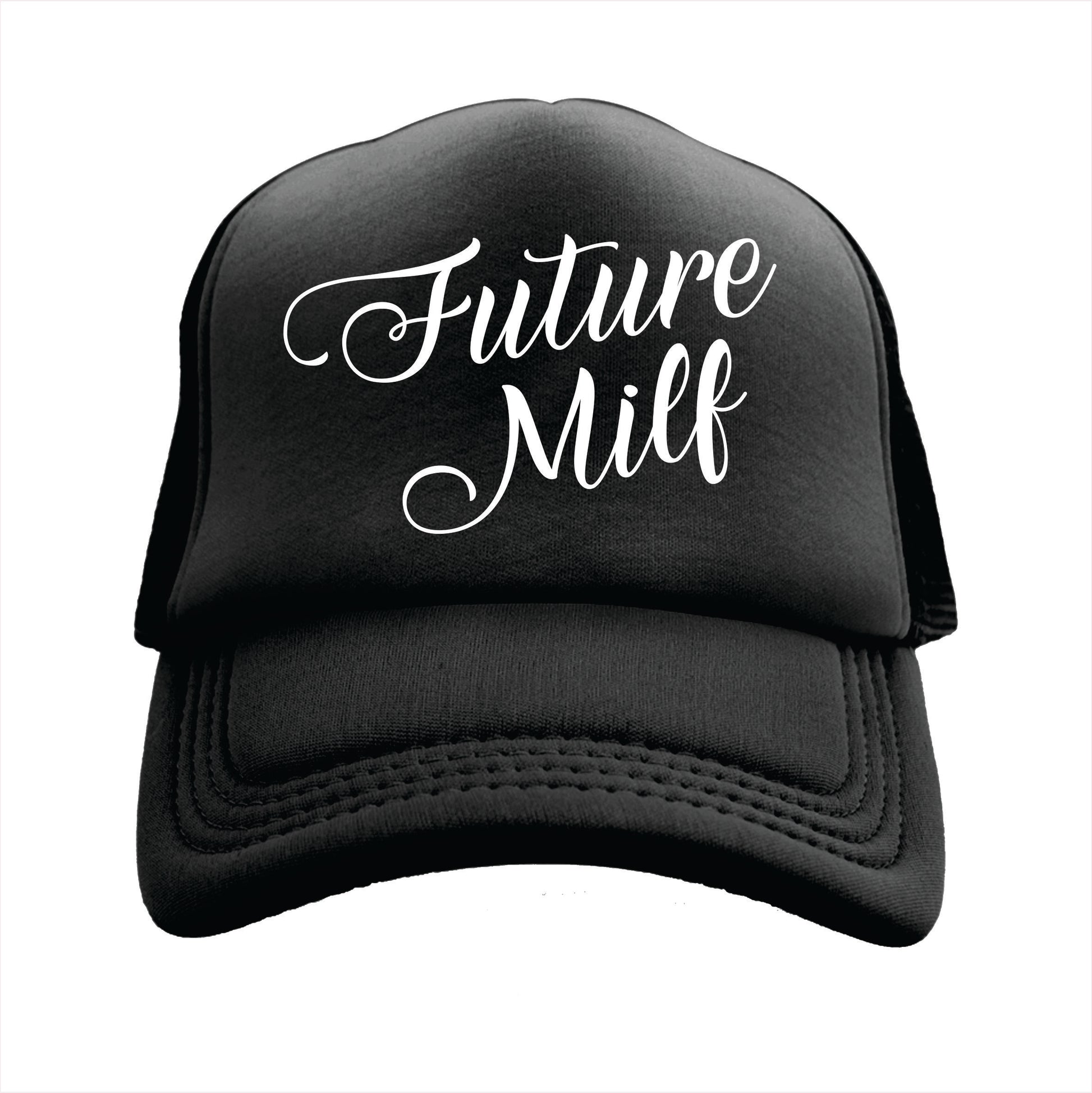 Black trucker hat cap with the text 'Future Milf' written on the front panel.