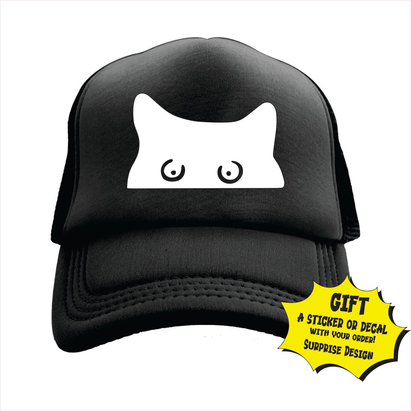 Black trucker hat cap with a design of a cat's face on the front.