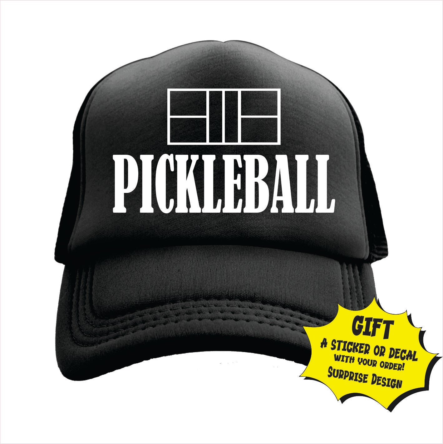 black trucker hat cap with 'PICKLEBALL' text on the front.