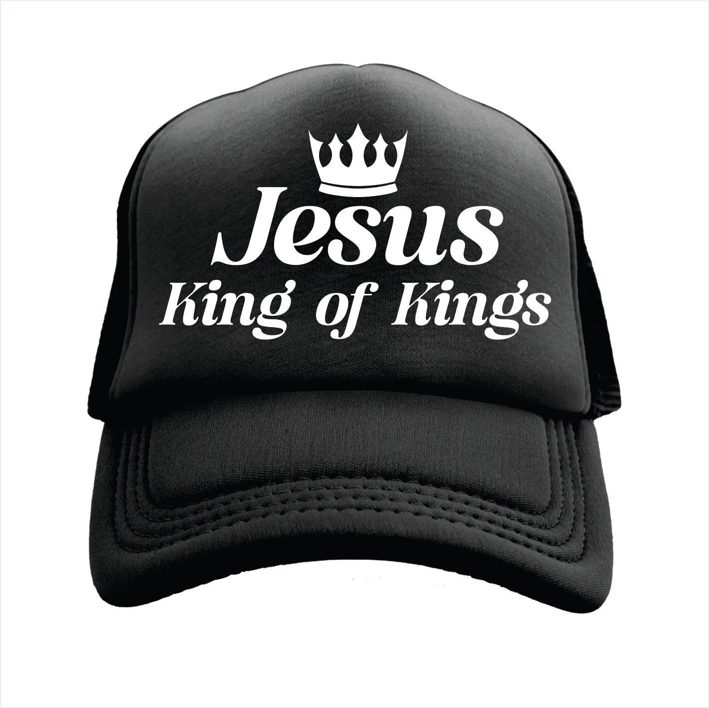 Black trucker hat cap with 'Jesus King of Kings' text and crown symbol on a white background
