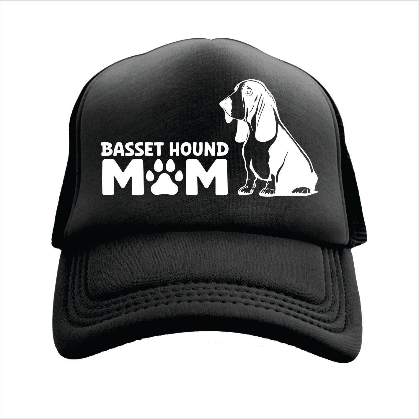 Black trucker hat cap with 'Basset Hound Mom' text and dog silhouette on a white background