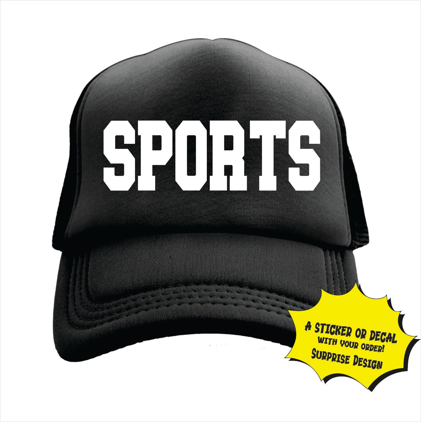 Black trucker hat cap with the word 'SPORTS' written in bold letters on the front panel.