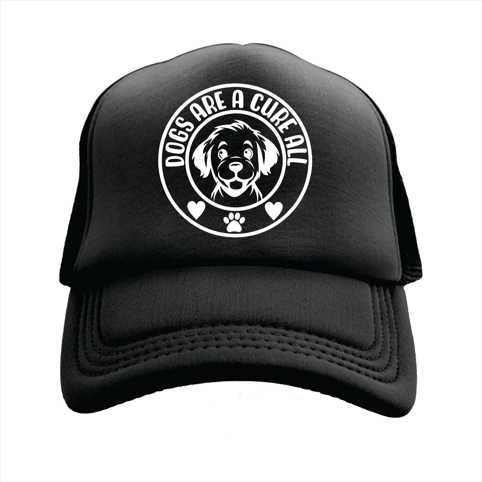 Black trucker hat with a design that includes a dog's face and the text 'DOGS ARE A CURE-ALL'.