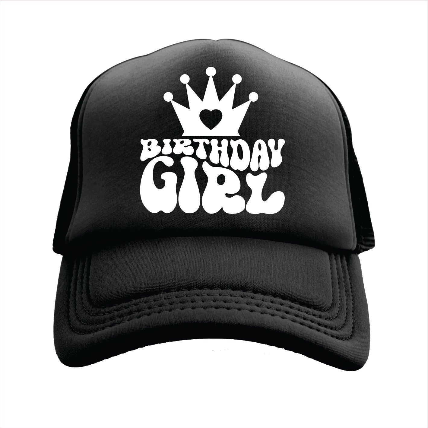 Black trucker hat cap with 'BIRTHDAY GIRL' printed in bold letters on the front.