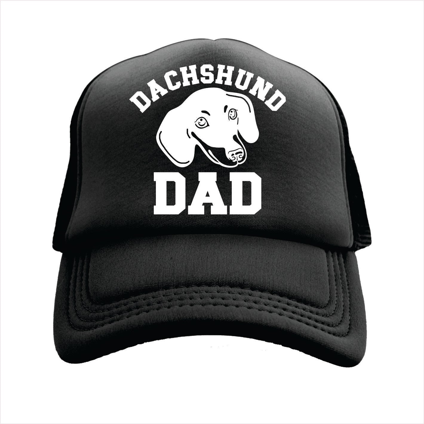 Black cap with 'Dachshund Dad' text and dachshund graphic on a white background