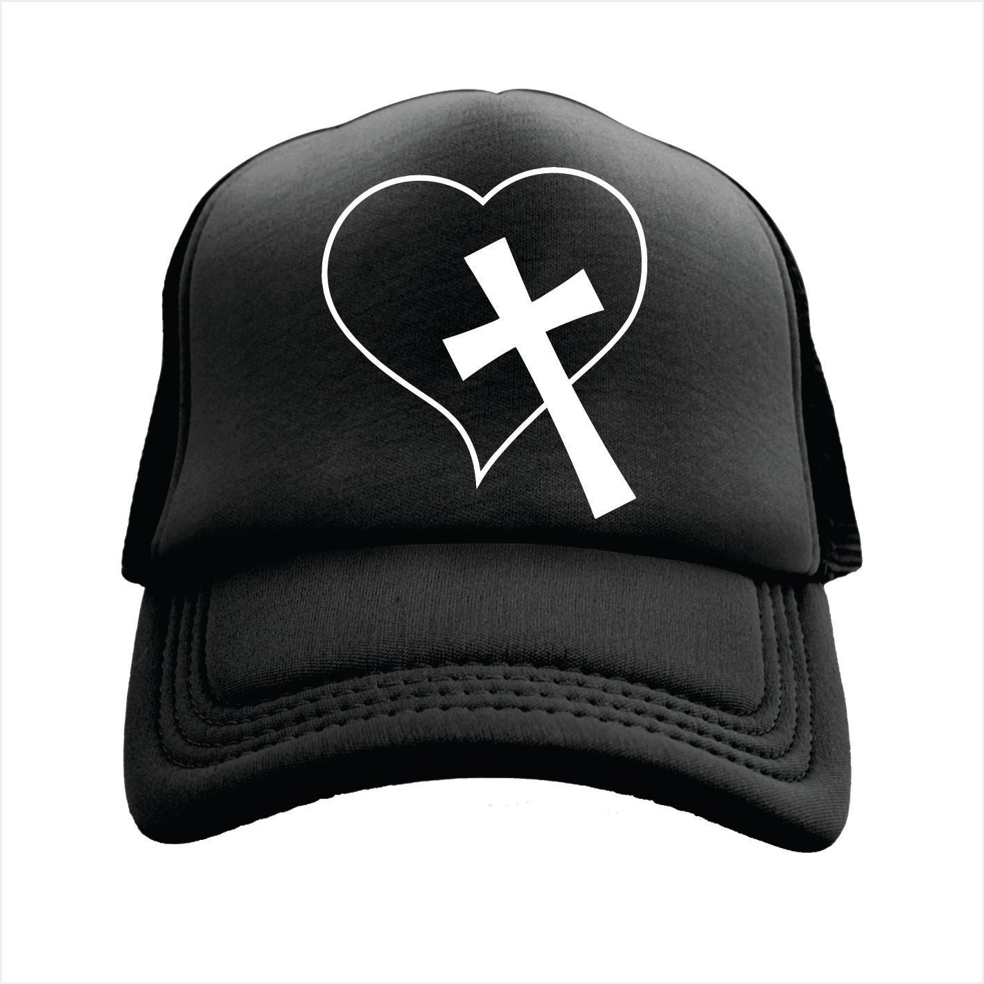 Black trucker hat cap with a white heart and cross design on a white background