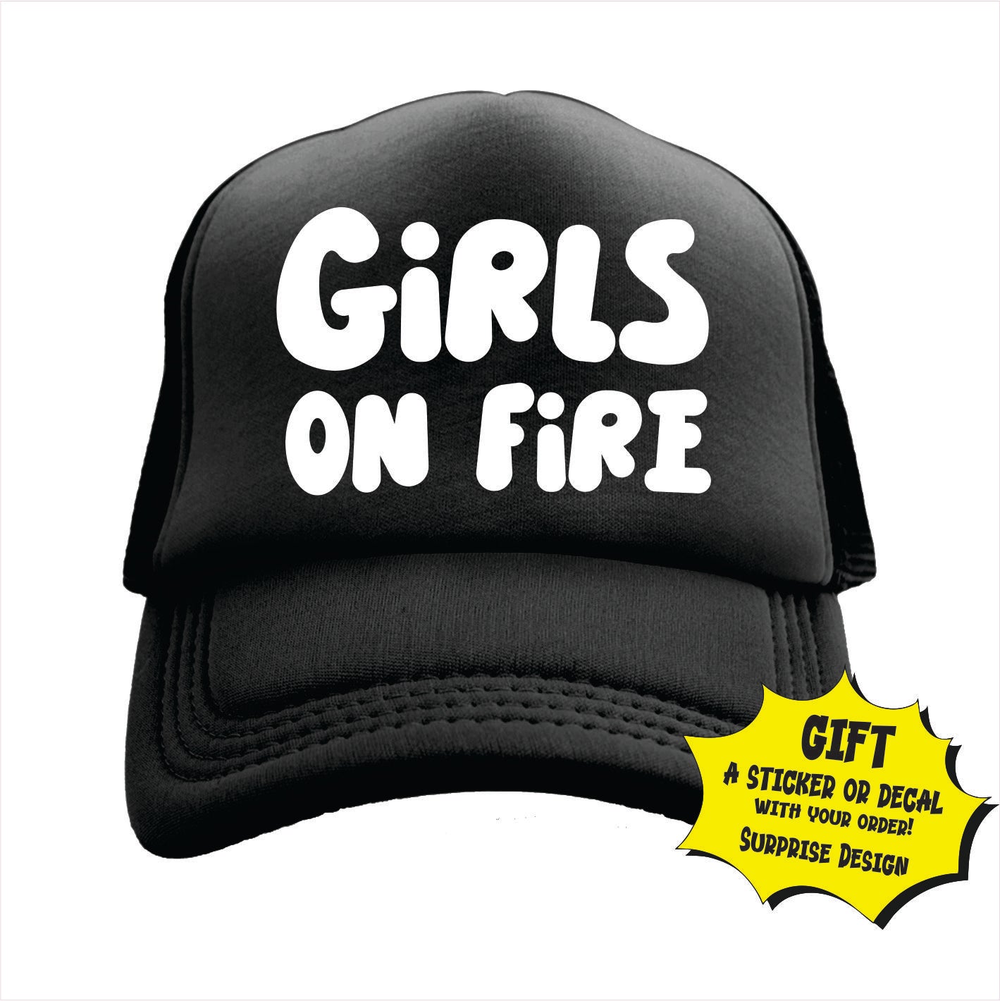 Black trucker hat cap with 'GIRLS ON FIRE' text in capital letters on the front.
