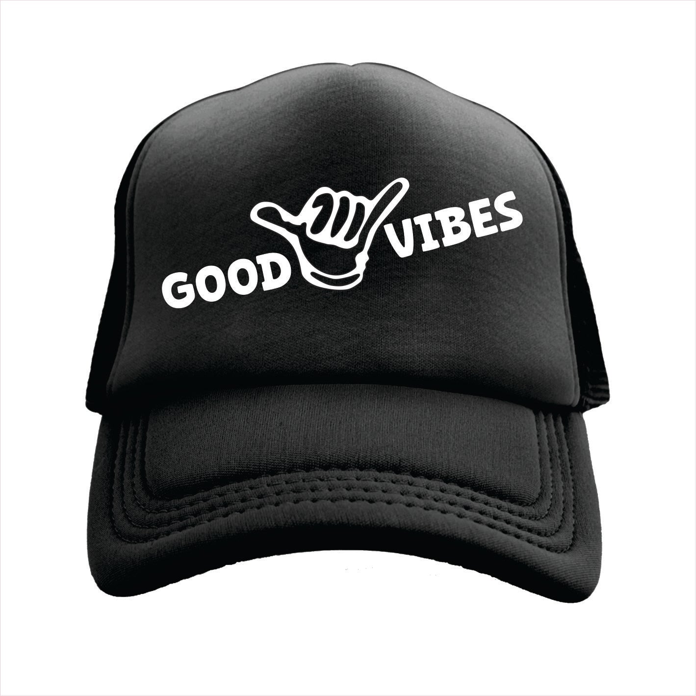 Black cap with 'Good Vibes' text and hand sign on a white background