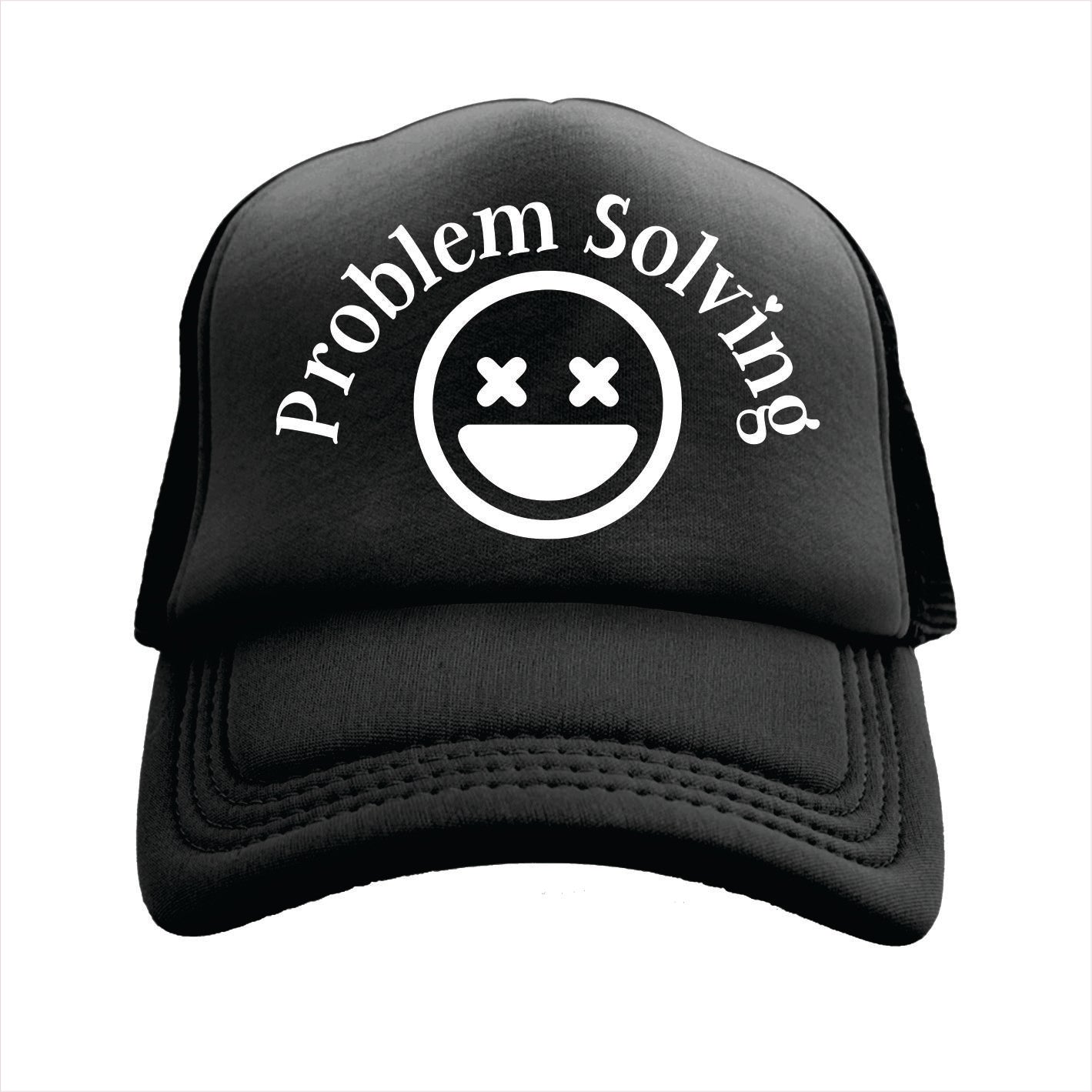 Black trucker hat cap with 'Problem Solving' text and smiley face design on a white background